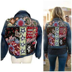 Upcycled Denim Jacket Womens 0X Betty Boop Pop Art OOAK Y2K Maximalist Cherry